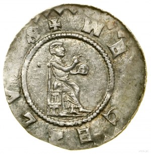 Denar, (1100-1107); Av: sitzende Figur mit Blickrichtung, drei...