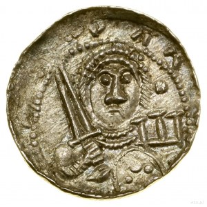 Denarius, (1138-1146); Av: Half-figure of knight in front with m...