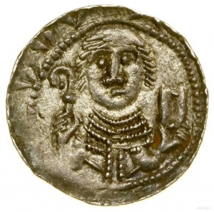 Denier, (1138-1146) ; Av : demi-figure de chevalier de face avec m...