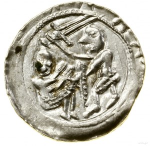 Denar, (1138-1146); Aw: Rycerz z mieczem i tarczą, stoj...