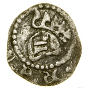 Denár, (po 1320); Av: Přilba vlevo, s pěti pery v...