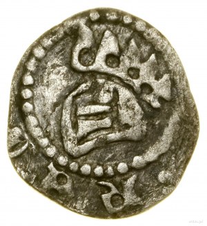 Denár, (po 1320); Av: Přilba vlevo, s pěti pery v...