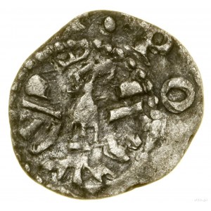 Denier, (après 1320) ; Av : Casque à gauche, avec cinq plumes dans...