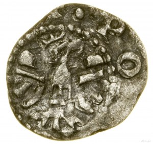 Denár, (po 1320); Av: Prilba vľavo, s piatimi perami v...