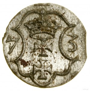 Denier, 1573, Gdansk ; cartouche avec les armoiries de la ville de Gdansk, or...