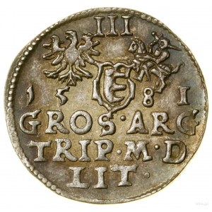 Trojak, 1581, Vilnius; a variety with the Leliwa coat of arms on the obverse....