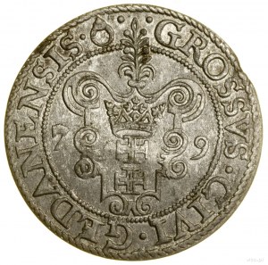 Pfennig, 1579, Danzig; auf der Vorderseite beendet ein Punkt die Inschrift in o...