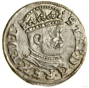 Trojak, 1586, Ryga; mała głowa króla, brak ozdobnika po...