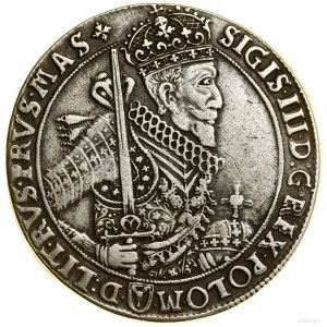 Thaler, 1628, Bydgoszcz; Av: Half-figure of king with sash to...