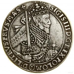 Thaler, 1628, Bydgoszcz; Av: Half-figure of king with sash to...