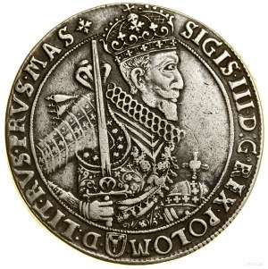 Thaler, 1628, Bydgoszcz; Av: Polopostavička kráľa so šerpou na...