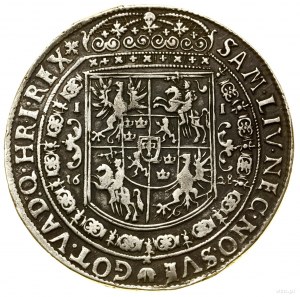 Thaler, 1628, Bydgoszcz; Av: Polopostavička kráľa so šerpou na...