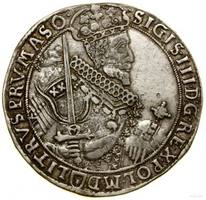 Thaler, 1630, Bydgoszcz; Av: Wide half figure of the king with s...
