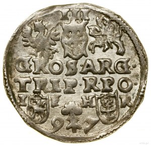 Trojak, 1597, Poznań; popiersie z długą kryzą, u dołu r...