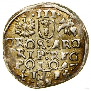 Trojak, 1597, Wschowa; narrow king's head, wavy orifice....