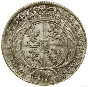 Ort, 1754 EC, Lipsko; busta panovníka s oválnym rebrovaným...