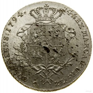 Thaler à six dorures, 1794, Varsovie ; Av : tête de roi en...