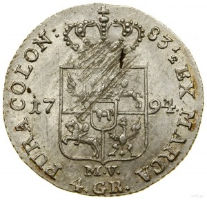 Zlotý (4 groše), 1794 MV, Varšava; odroda s nápisom....