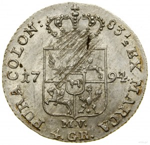 Zloty (4 Pfennige), 1794 MV, Warschau; Sorte mit Aufschrift....