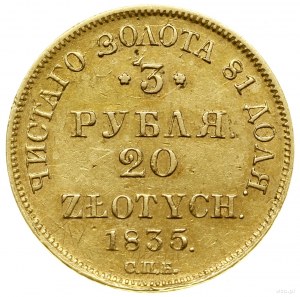 3 roubles = 20 or, 1835 СПБ ПД, Saint-Pétersbourg ; Av : Dwug...