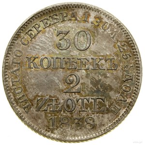 30 kopiejek = 2 złote, 1838 MW, Warszawa; ogon Orła bez...
