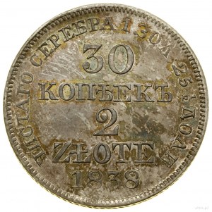 30 kopiejek = 2 złote, 1838 MW, Warszawa; ogon Orła bez...