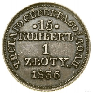 15 kopiejek = 1 złoty, 1836 MW, Warszawa; ogon Orła zło...