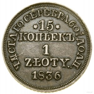 15 copechi = 1 zloty, 1836 MW, Varsavia; coda d'aquila d'oro...