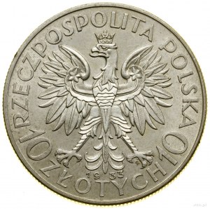 10 zloty, 1933, Varsovie ; Tête de femme dans une prise de tête ; Kop...