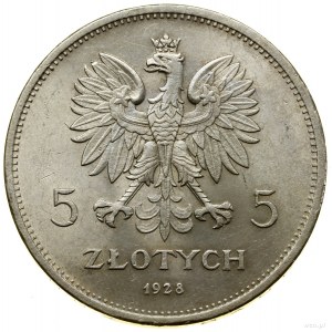 5 złotych, 1928, Warszawa; odmiana ze znakiem mennicy z...