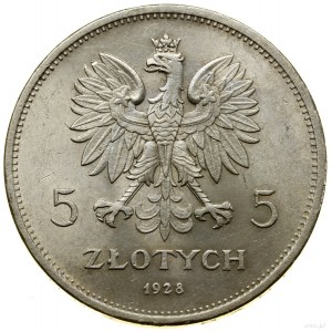 5 zlotých, 1928, Varšava; odrůda se značkou mincovny...