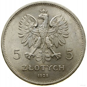 5 zloty, 1928, Varsavia; una varietà con il marchio della zecca di...