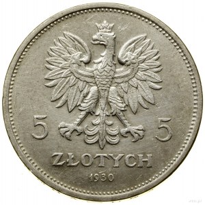 5 zlotys, 1930, Varsovie ; Bannière - 100e anniversaire du Powstan...