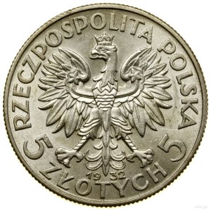 5 złotych, 1932, Londyn; Głowa kobiety w czepcu, odmian...
