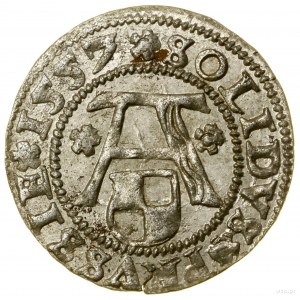 Szeląg, 1557, Królewiec; na awersie nad Orłem koniczyna...
