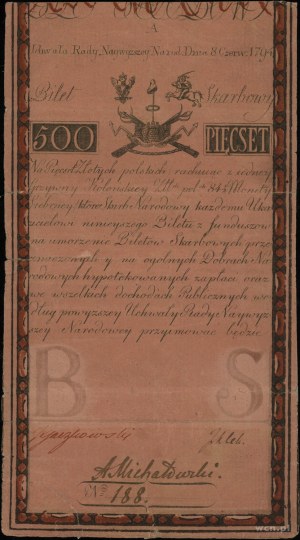 500 zlotys polonais, 8.06.1794 ; série A, numérotation 188....