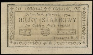 4 poľské zloté, 4.09.1794; séria 1-C, v rámčeku v dolnej časti...