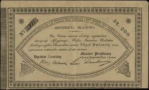 Treasury Assignment for 200 zlotys, 1831; signatures: Hilar...