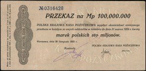 Przekaz na 100.000.000 marek polskich, 20.11.1923, bez ...