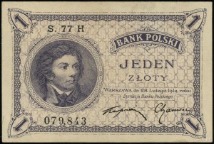 1 zloty, 28.02.1919; 77 H series, numbering 079843; Luco...