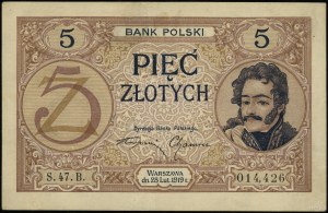 5 złotych, 28.02.1919; seria 47.B., numeracja 014,426; ...