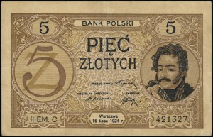 5 zloty, 15.07.1924; emissione II, serie C, numerazione 42...