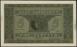 5 złotych, 25.10.1926; seria D, numeracja 8416463; Luco...
