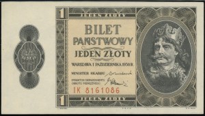 1 złoty, 1.10.1938; seria IK, numeracja 8161086; Lucow ...