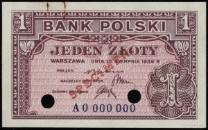 1 złoty, 15.08.1939; seria A, numeracja 0000000, czerwo...