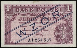 1 zloty, 15.08.1939; series A, numbering 1234567, garnet...