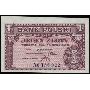 1 złoty, 15.08.1939; seria A, numeracja 6136022; Lucow ...