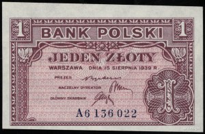 1 złoty, 15.08.1939; seria A, numeracja 6136022; Lucow ...