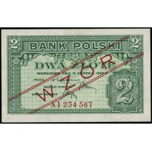 2 oro, 15.08.1939; serie A, numerazione 1234567, rosso...