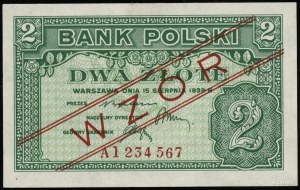 2 zloty, 15.08.1939; series A, numbering 1234567, red....